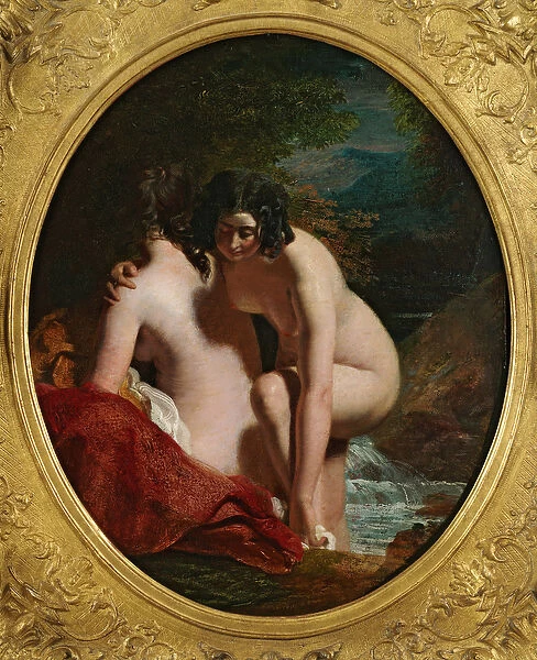 Two Girls Bathing (oil on panel)