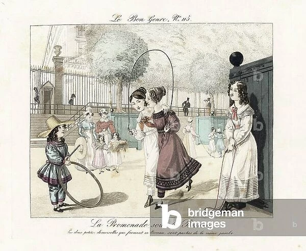 Girls playing the skipping game of Walking under the Arch, boy playing hoop, while another girl watches. Scene in a Paris park. Handcoloured engraving from Pierre de la Mesanger's Le Bon Genre, Paris, 1817
