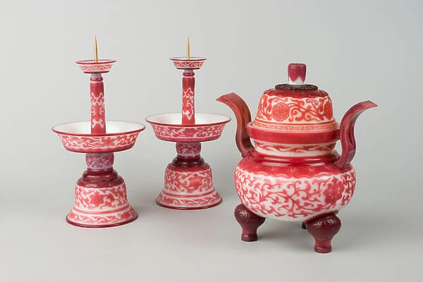 Glass incense burner and candlesticks, 1736-1795