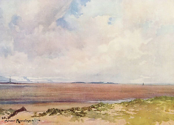 Golf Courses: Hoy lake, looking out to Hilbre from the ninth tee (colour litho)