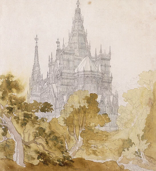 A Gothic Cathederal near Bauman; Eine Gotische Kathedrale hinter Baumen, 1814-15 (pencil
