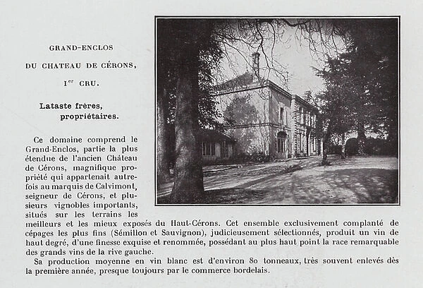 Grand-Enclos du Chateau de Cerons, Ier Cru, Lataste freres, proprietaires (b / w photo)