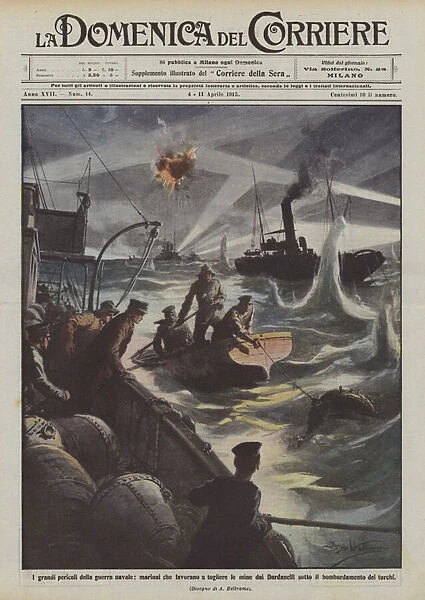 The great dangers of naval war, sailors working to remove mines from the Dardanelles... (colour litho)