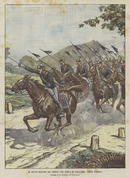 The Great Maneuvers In Veneto, A Cavalry Charge, Near Cornuda (colour litho)
