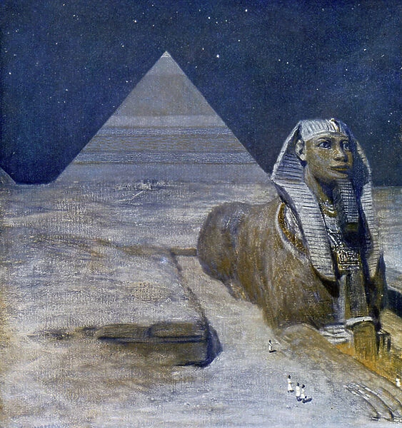 The great sphinx of Giza and the pyramid of Khafra, 1909 (illustration)