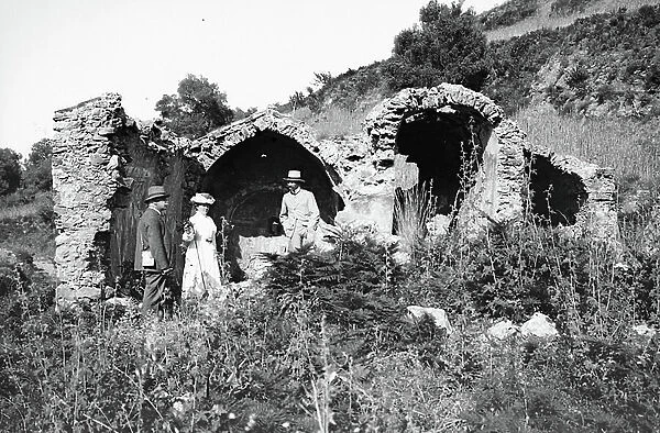 Greece, Chania, Crete, Bouzzou-Maria: Tourists visiting the ruins of a place of worship, 1906