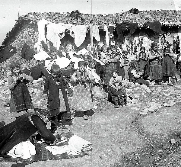 Greece, Thessaloniki: Thessaloniki region, a Greek village with its inhabitants in traditional local clothing, 1916