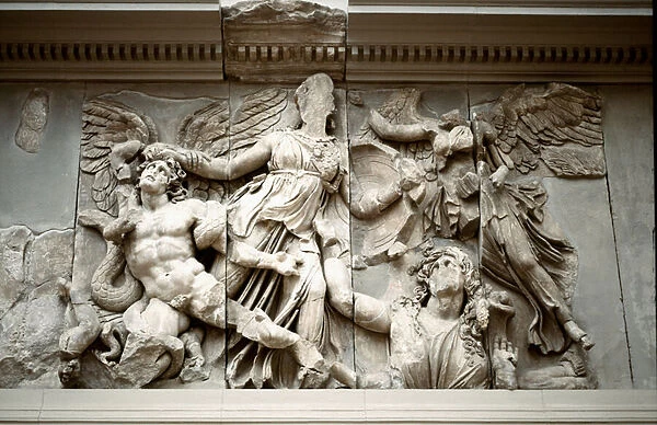 Greek Art: representation of Athena catching Giant Alcyonee by the hair. Frieze of the Gigantomachia from the altar of Zeus a Pergamon, low relief of Eumene II (197-159 BC) Pergamon museum in Berlin, Germany
