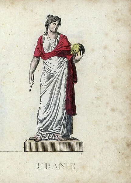 Greek mythology: Urania, muse of astronomy and astrology, with its attributes a globe and a compas - Eau forte by Jacques Louis Constant Lacerf, based on an illustration by Leonard Defrance (1735-1805)