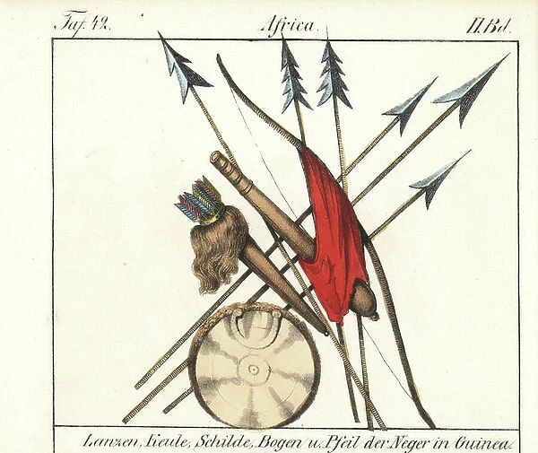 Guinee Conakry weapons, spears, clubs, bow and arrows in their quiver, shield. Lithography for the book: ' Galerie complete en tableaux fideles des peuples d'Afrique' by Friedrich Wilhelm Goedsche (1785-1863), edition Meissen (Germany)