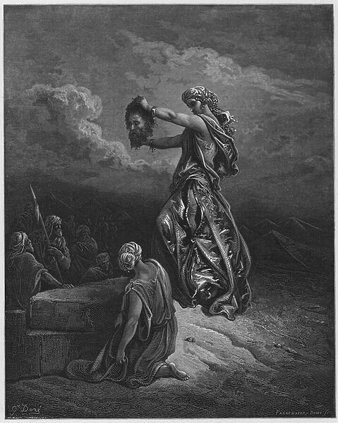 Gustave Dore Bible: Judith showing the head of Holofernes (engraving)