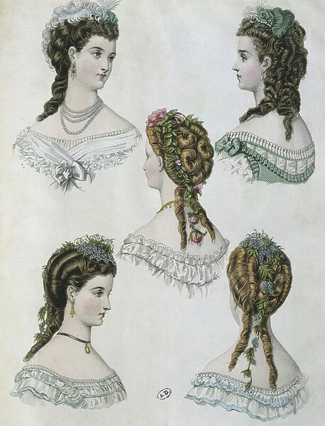 Hairstyles, illustration from La Mode illustree, 1860 (colour engraving)