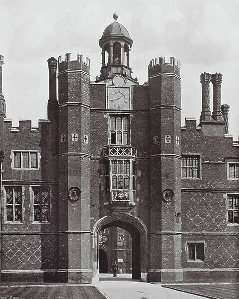 Hampton Court Palace, Cardinal Wolsey's Gate-House, An Italian Craftsman made the Terra-Cotta Medallions that still adorn the Towers (b / w photo)