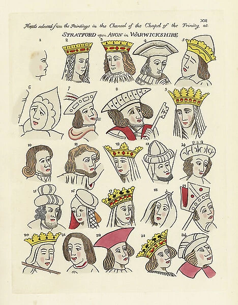 Heads of historical and mythical figures in the headdresses of the era of King Henry VII. Queen of Sheba 2, King Solomon 3, Empress Helena 9, and Emperor Constantine 20, 23