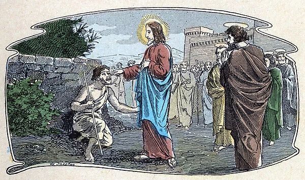 Healing of a blind man in Jericho in All religious eignement - I believe in gods, sd. late 19th century illustration of Jouvenot. Catechisms library. Paris. Leemage Collection
