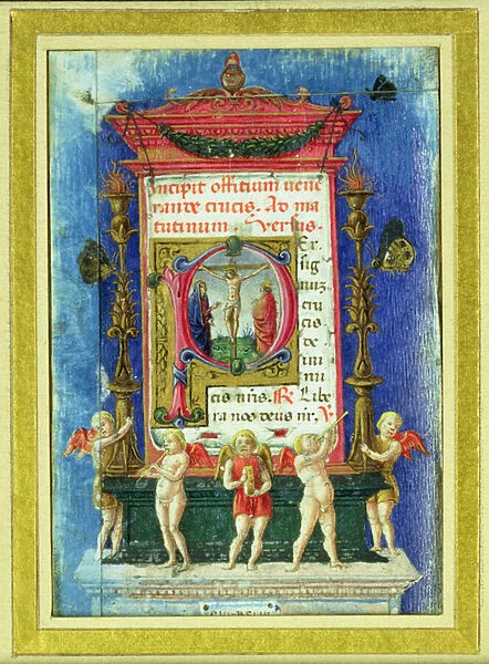 Historiated initial P depicitng the Crucifixion, page from a Book of Hours (vellum)