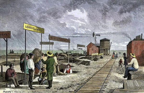 History of the settlers and the conquete of the West: American pioneers. An underground village doing business in a station served by the transcontinental railway, 1870's. Colourful engraving of the 19th century