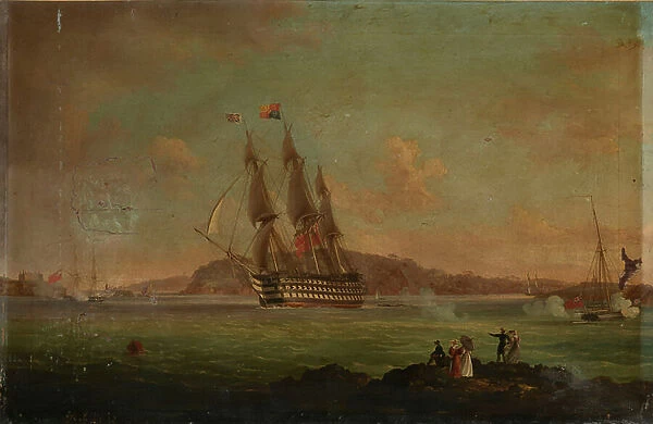 HMS 'Britannia' sailing from the Hamoaze to Plymouth Sound, with the Duke of Clarence on board as Lord High Admiral, 27 July 1828, c.1828 (oil on canvas)