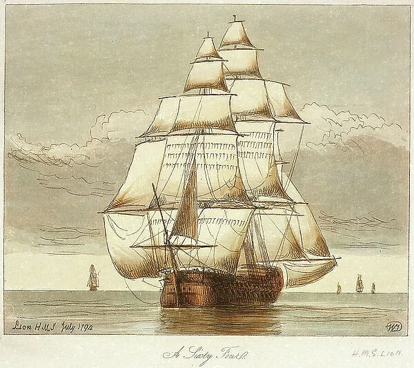 HMS 'Lion', July 1794, late 18th to early 19th century (coloured etching)