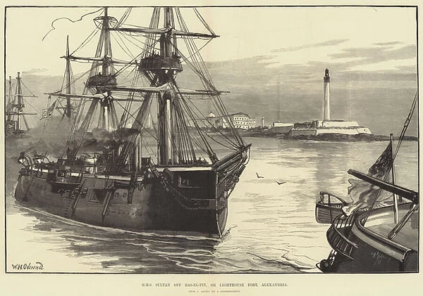 HMS Sultan off Ras-el-Tin, or Lighthouse Fort, Alexandria (engraving)