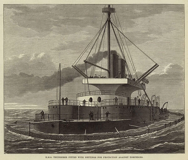 HMS Thunderer fitted with Nettings for Protection against Torpedoes (engraving)