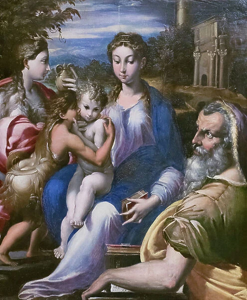 Holy family with saint John the baptist and Mary Magdalene, 16th century (oil on wood)