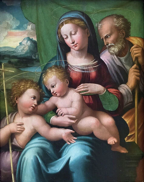 Holy family with a young saint John the Baptist, 16th century (oil on panel)