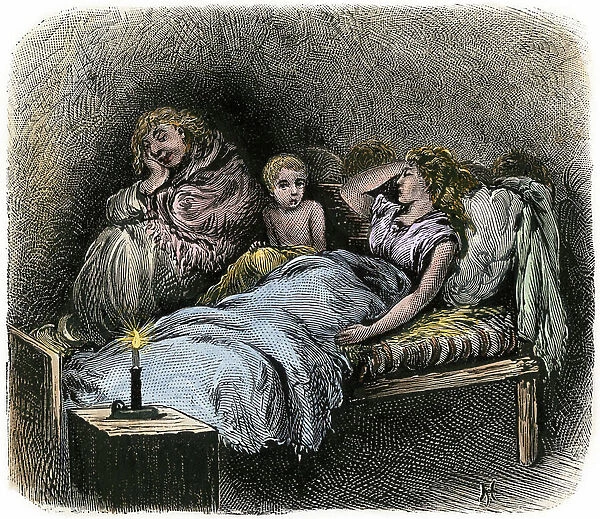 The homeless in New York City. Orphans sharing a bed in a home for needy, on Water Street, Manhattan, New York City, circa 1870. 19th century lithography