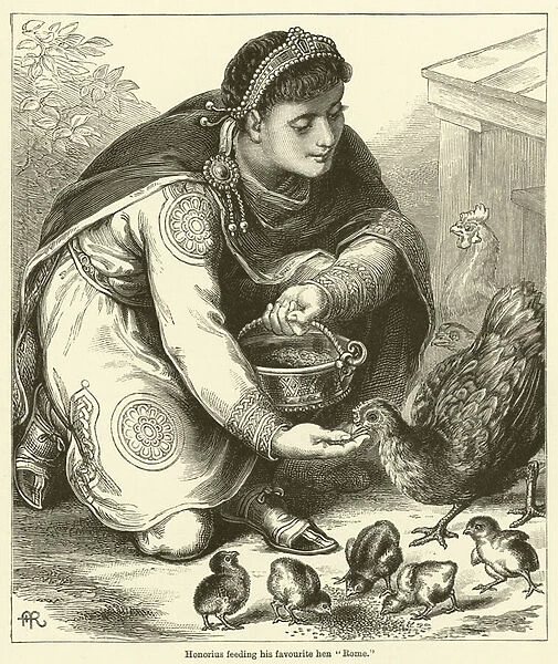 Honorius feeding his favourite hen 'Rome'(engraving)