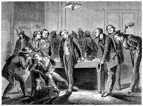 Horace Wells proceed with the extraction of a tooth in front of his students in 1844 (engraving)