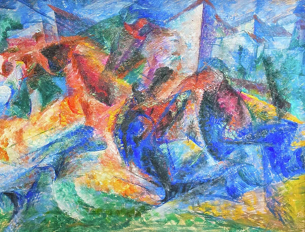 Horse, rider and buildings, 1913-14 (oil on canvas)