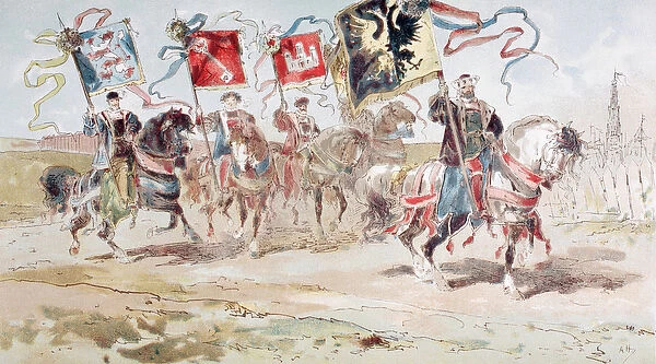 Horsemen carrying Banners of the Hanseatic League and of Towns belonging to the League