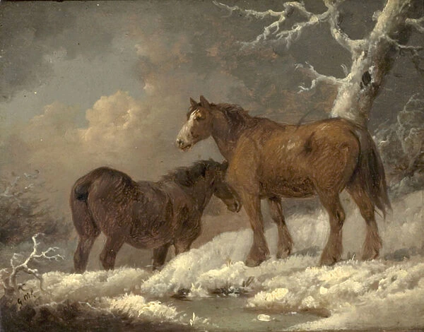 Two Horses in the Snow (oil on wood)