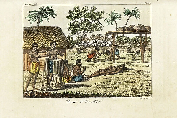 Human sacrifice in a sacred marae (Morai) or cemetery, Tahiti. Drummers at left, a hog-tied victim and two grave diggers digging a grave before a pile of human skulls and quivers of arrows