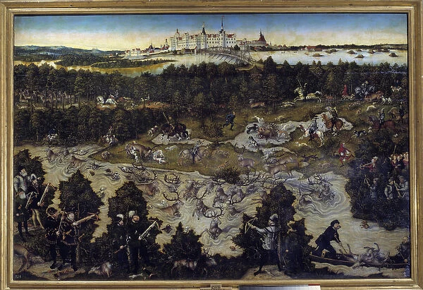 Hunting in honor of Charles V at Torgau Castle in Germany Painting by Lucas Cranach