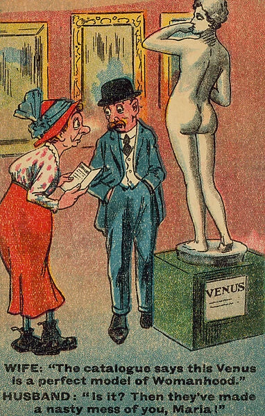 Husband and wife looking at a statue of Venus in an art gallery (colour litho)