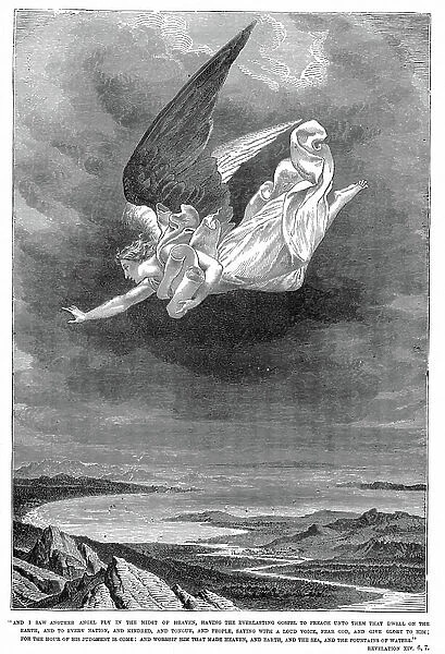 And I saw another angel fly ...' Bible: Book of Revelation XXIV 6,7. Wood engraving c1885