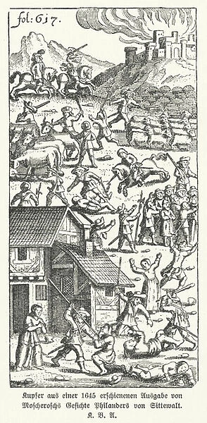 Illustration from a 1645 edition of German writer Johann Michael Moscheroschs satirical work Wunderliche und Wahrhafftige Gesichte Philanders von Sittewald (Wondrous and True Visions of Philander von Sittewald) (litho)
