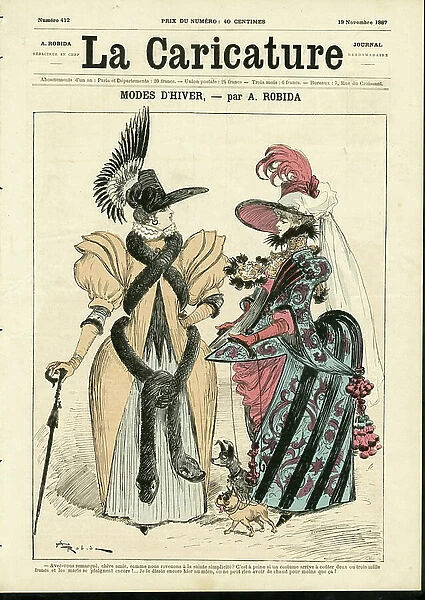 Illustration by Albert Robida (1848-1926) for the Cover of The Caricature (1880), 1887-11-19 - Winter Modes - Fashion, Winter, Animals, Fur - Dog