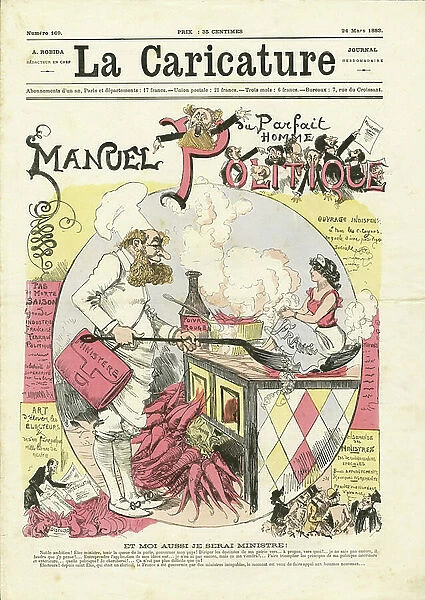 Illustration by Albert Robida (1848-1926) for the Cover of La Caricature (1880), 1883-3-24 - Manual of the perfect politician - Gastronomy cooking, political cuisine - Marianne - Metaphore alimentaire