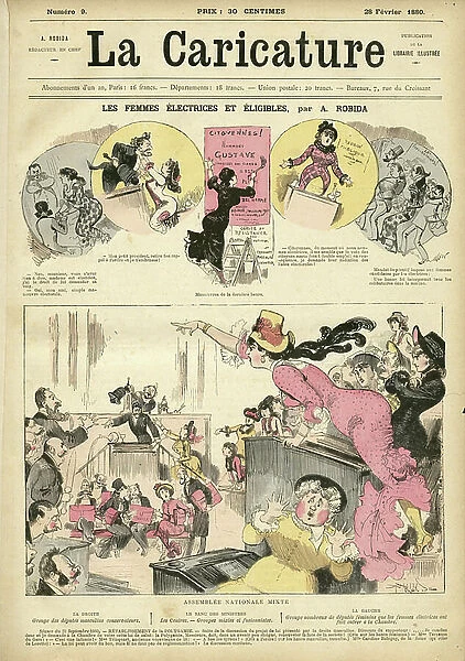 Illustration by Albert Robida (1848-1926) for the Cover of La Caricature (1880), 1880-2-28 - Women Electors and Eligible - Anti-feminism, Elections, Universal Suffrage, Suffragism - Women