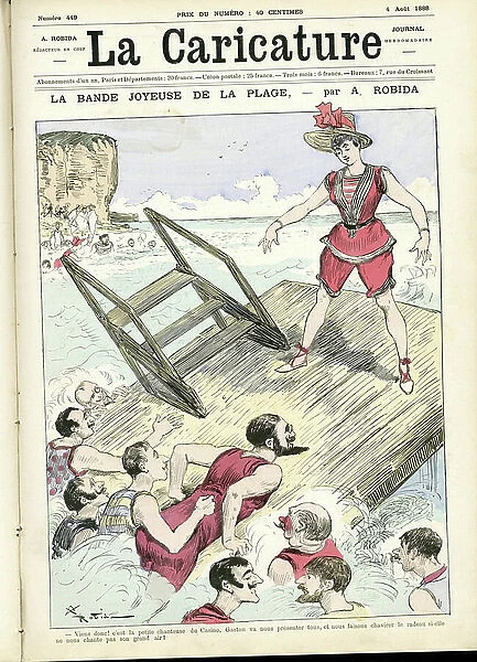 Illustration by Albert Robida (1848-1926) for the Cover of La Caricature (1880), 1888-8-4 - La bande joyeuse de la plage - Recreation, Marine Marine Nautique Bathing, Swimming suit