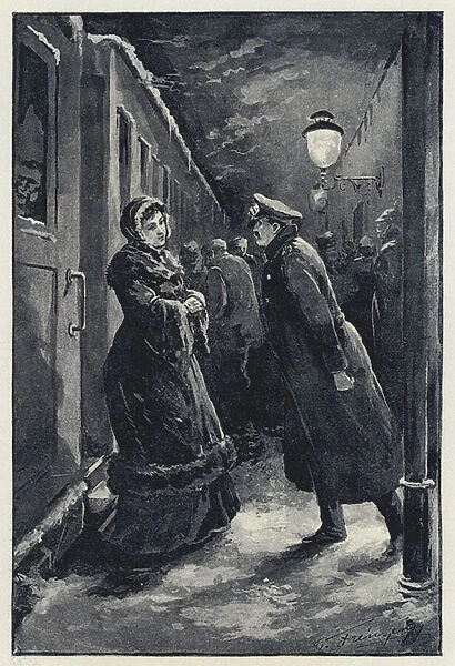 Illustration for Anna Karenina: Vronsky encounters Anna at the station (litho)