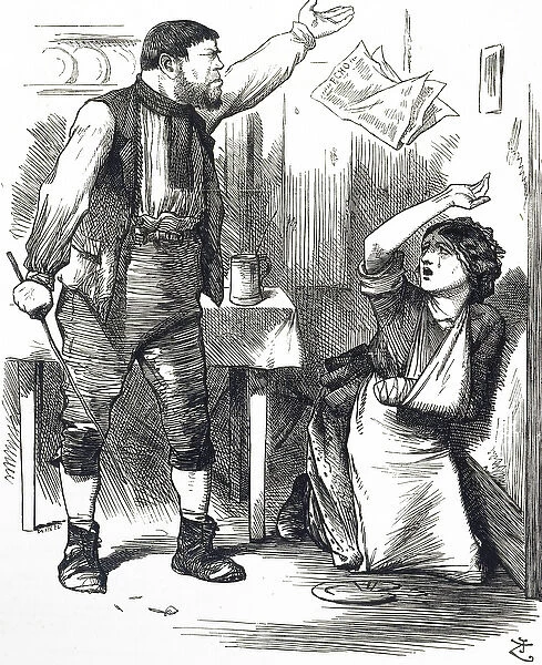 Illustration depicting an abusive husband beating his wife