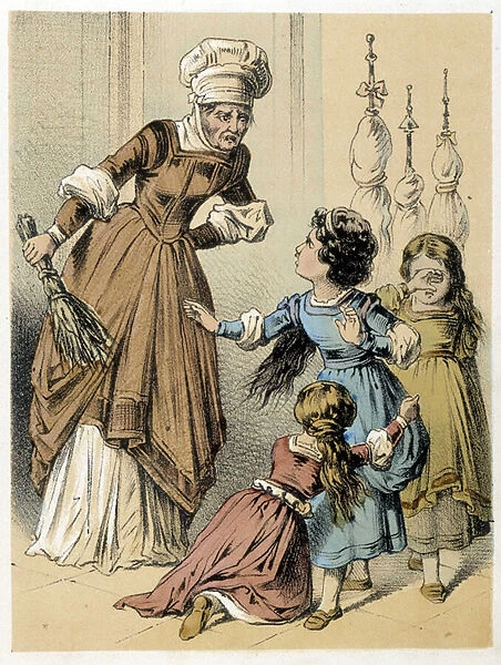 Illustration of Franz Hoffmanns tales 'Tales et Fables - Les 3 Gifts': a woman abused the 3 girls. Chromolithography of the 19th century