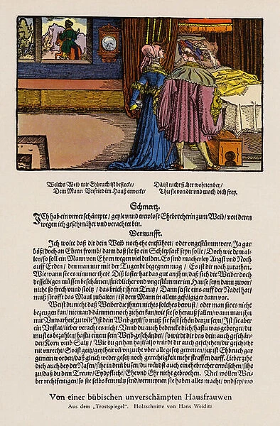 Impudent young housewife, scene from Petrarchs De remediis utriusque fortunae (colour litho)