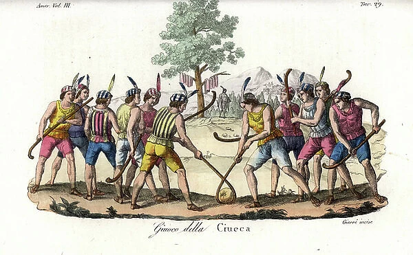 Indigenous Mapuche of Chile playing the game of ciueca or palin, a hockey-like game with sticks and large ball. Copied from G. Bramati. Handcoloured copperplate engraving by Luigi Giarre from Giulio Ferrario's Costumes Antique