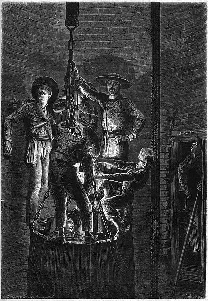 Interior appearance of a coal mine well: ascent of the dumpster. 1861