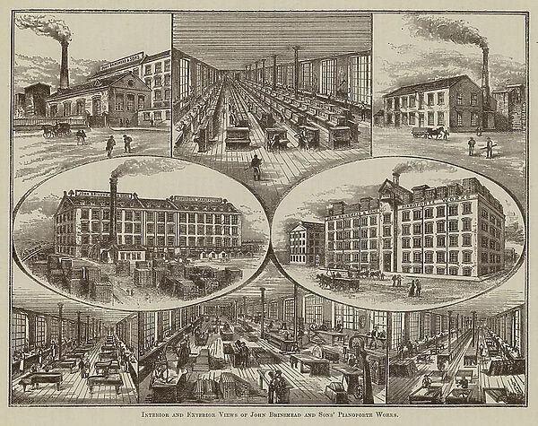 Interior and Exterior Views of John Brinsmead and Sons' Pianoforte Works (engraving)