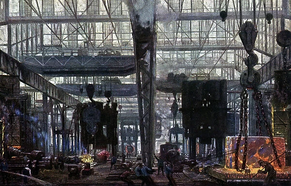 Interior view of the steel mills Krupp in Essen, Germany 1912 (Interior view of Krupp cast steel works, Essen, Germany, 1912) Private collection